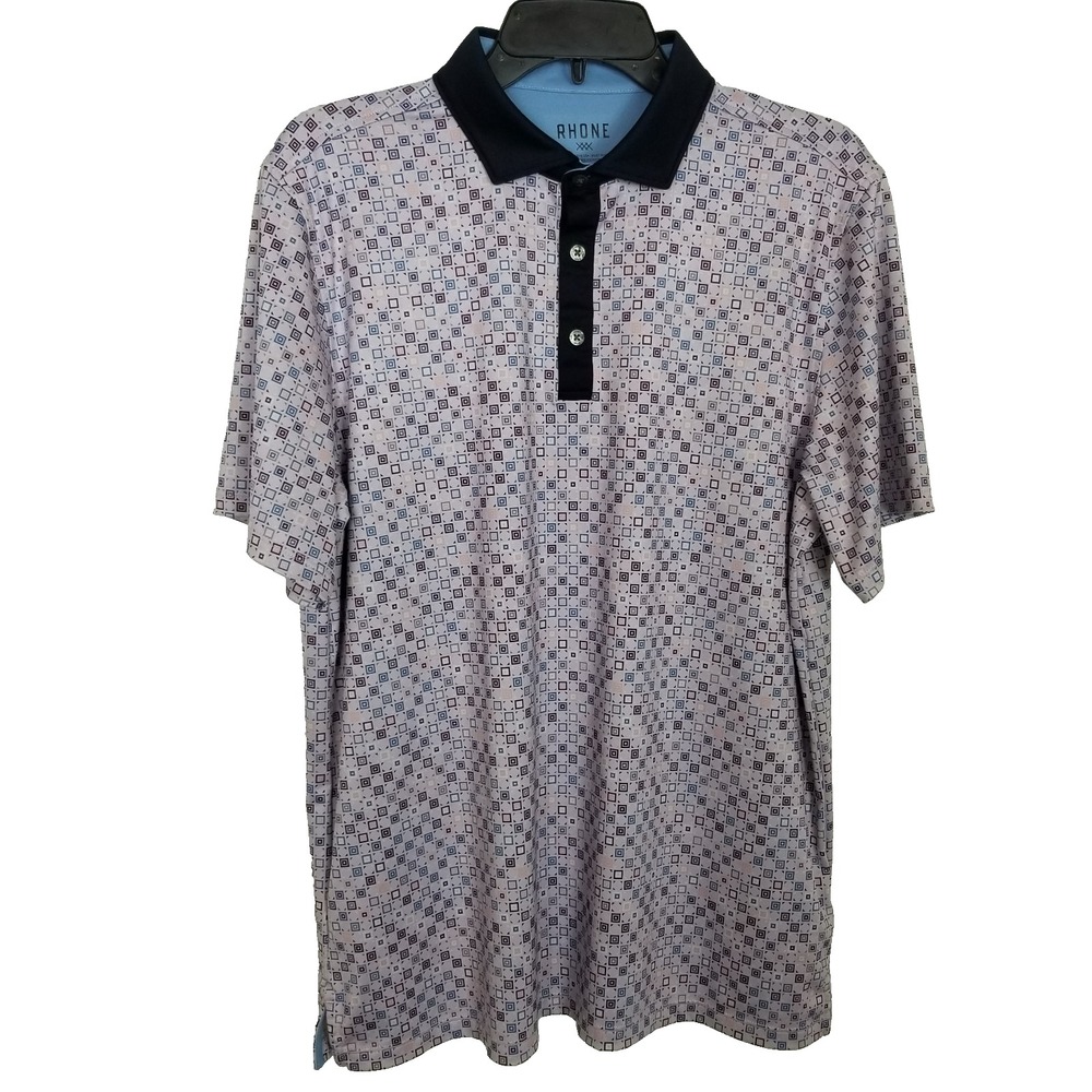 Rhone Golf Sport Spread Collar Polo Shirt Men Sz M Gray Golf Geometric Print